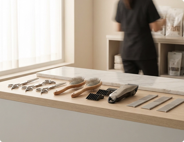 Set of grooming tools including scissors, brushes, and a hair dryer on a wooden surface with a blurred person in the background.